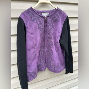 Coldwater Creek size PXL plum embroidered faux suede sweater sleeve knit jacket